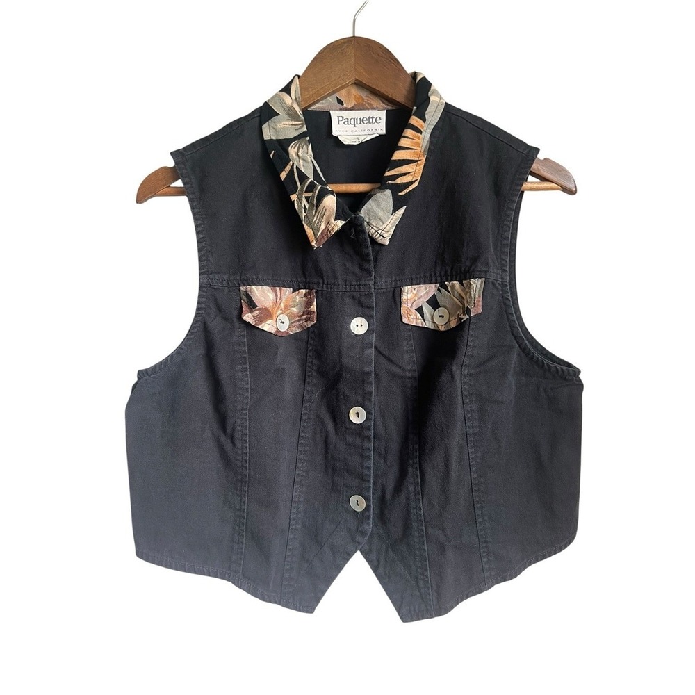 Vintage Paquette Women's L Black Vest Floral Trim Cottage Boho Western 90s USA - Picture 3 of 9